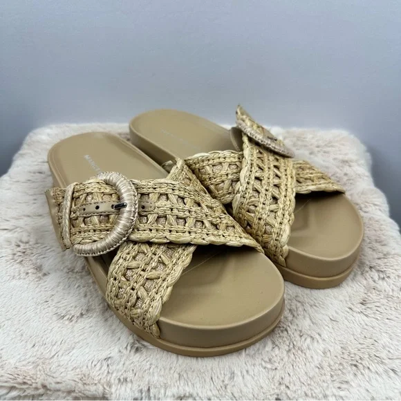 MARC FISHER Women Welti Woven Suntan Natural Tan Slide Sandals Sz. 5.5 - Picture 2 of 13